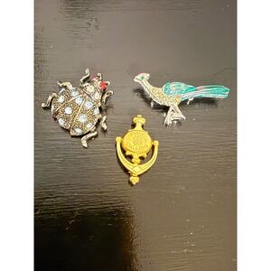 Vintage Avon Calling Door Knocker Rhinestone Ladybug & Enamel Bird Pin Lot 3pc